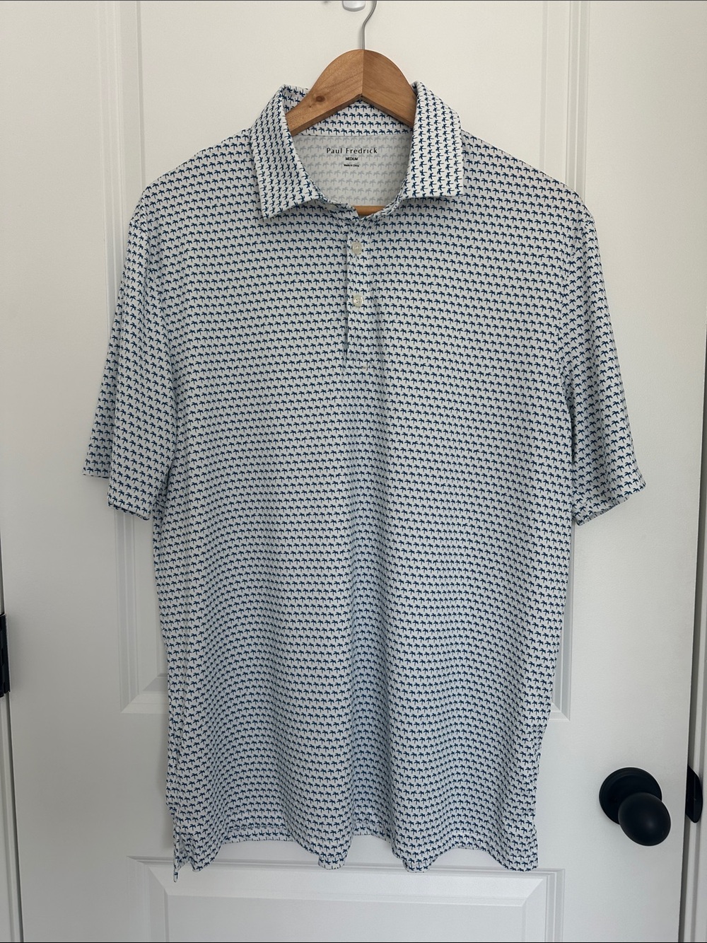 Paul Fredrick Men’s Palm Tree Microprint Polo White/Blue L